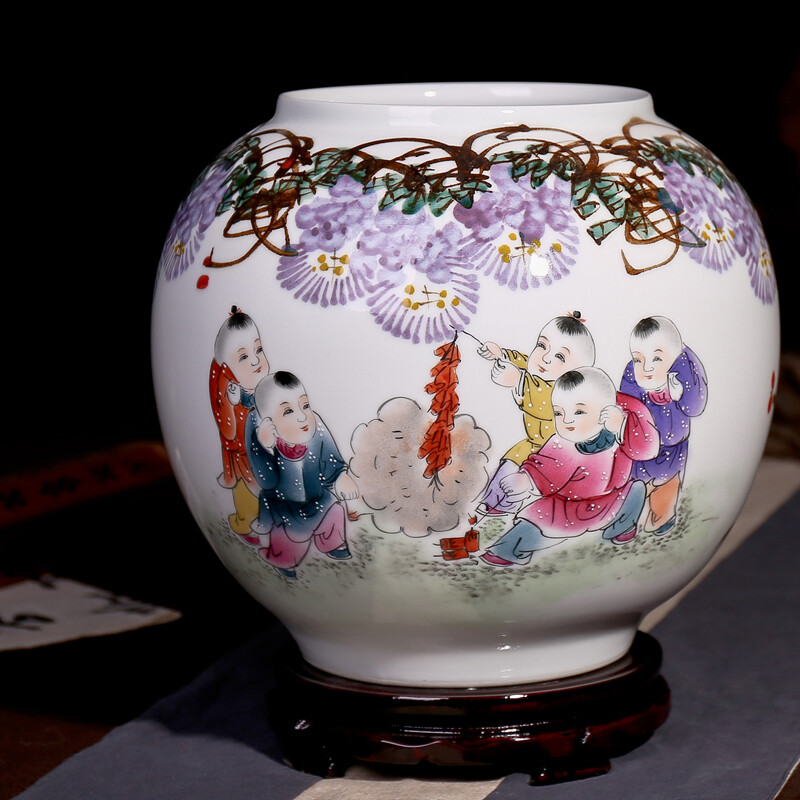 九藏尊品 景德镇陶瓷器手绘花瓶 时尚家居客厅摆设 婴戏图 工艺品摆件 婴戏图