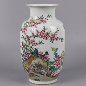 景德镇老艺人陈海清 手绘粉彩陶瓷 富贵花开花瓶-京东珍品拍卖