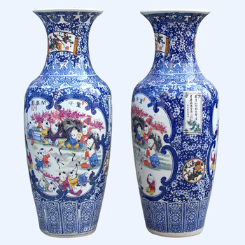 景德镇陶瓷器落地大花瓶 仿古童子闹春图青花瓷 客厅摆件酒店装饰 童子闹春图单个 童子闹春图90厘米一个【图片 价格 品牌 报价】-