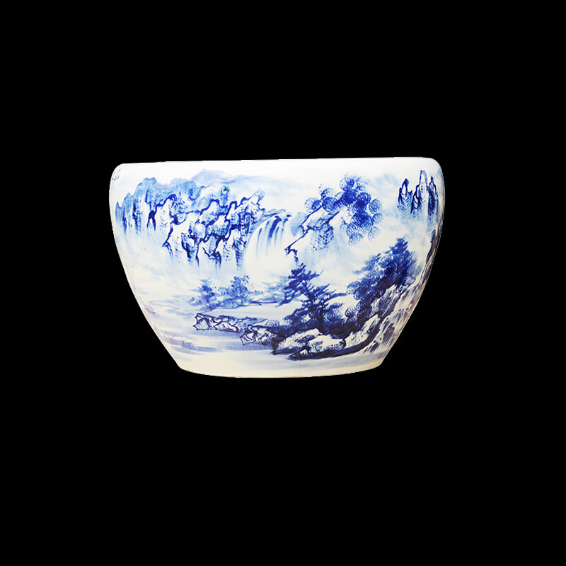景德镇陶瓷手绘青花鱼缸 江山如画，风水雅趣