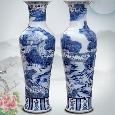 青花瓷 景德镇陶瓷清明上河图大花瓶家居客厅落地插花摆件装饰品
